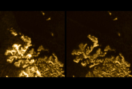 L'île apparaît à gauche sur l'image de juillet 2013 (à gauche), et disparaît 16 jours plus tard (à droite).