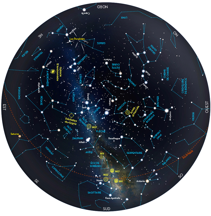 Carte du ciel au mois d'août 2024. © Ciel & espace