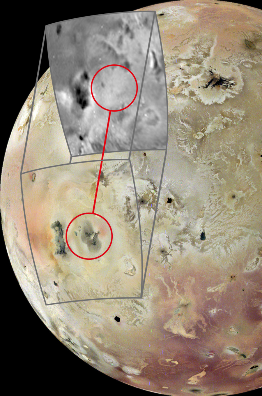 Les images de Junocam prises en 2024 révèlent un volcan apparu depuis la mission Galileo en 1997. © Nasa/JPL-Caltech/SwRI/MSSS/Europlanet